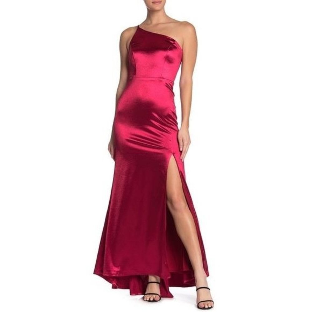 Jump Apparel One Shoulder Spaghetti Strap Side Cut Out Front Slit Satin Gown NWT